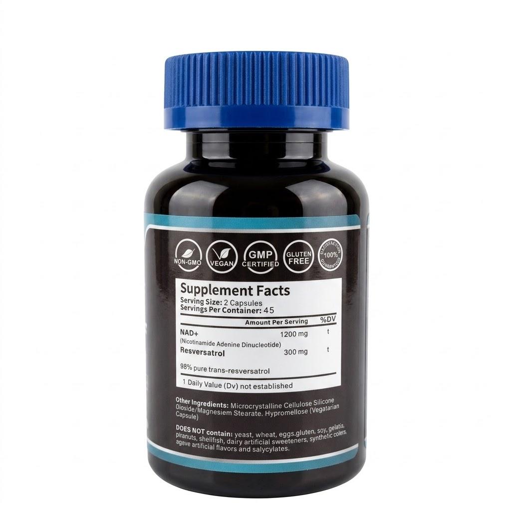 Suplemento Liposomal de NAD+ 1500 mg con Resveratrol – Apoyo Antienvejecimiento y de Energía para Hombres y Mujeres (90 cápsulas)